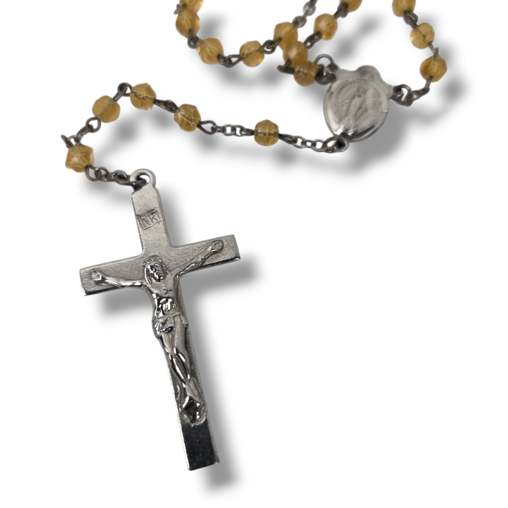 Vintage Yellow Faceted Bead Rosary Miraculous Medal Crucifix Catholic Prayer